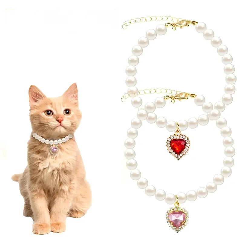 Premium Quality 2-Piece Pearl Alloy Cat Collars with Heart Rhinestones, Adjustable Clasp, Wear-Resistant, Non-Fade Finish Stays Chic, Durable - Parties, Wedding/Party Ready Neck Accessories for Extra Small Cats