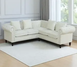 Classic Chesterfield Sectional Sofa,Chesterfield L Shaped Velvet Sofa with 3 Pillows and Rolled Arm,Luxury Button Tufted Sectional Couch 5-Seater for Living Room