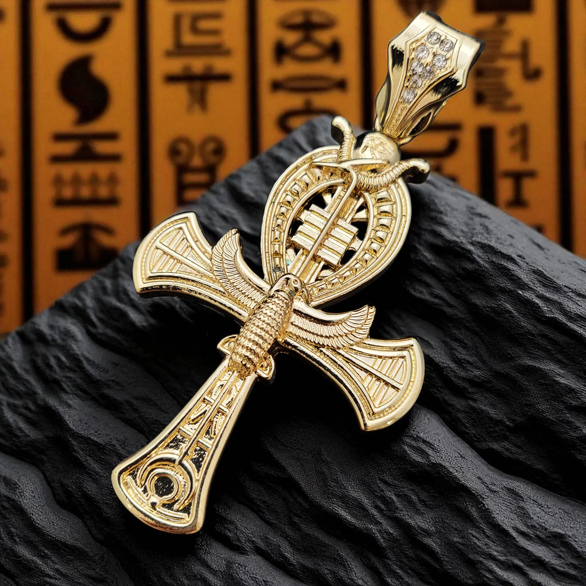 MaxBling81 Men's Gold-Plated Egyptian Horus Bird Ankh Cross Design Pendant, Cubic Zirconia Charm, Bold Casual Statement Hip Hop Costume Jewelry Fit for 15mm Max Chains, Statement Jewelry