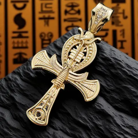MaxBling81 Unisex Bold Design Gold-Metal Coating Egyptian Horus Ankh Cross Necklace, Cubic Zirconia Stones, Ankh Charms & Pendants, Statement Jewelry, Hip Hop Daily Wear Accessory, Fits 15mm Max Chains