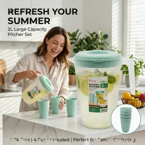 5-Piece Plastic Cold Kettle Set Includes 2 Liter Pitcher & Four 420ml Drinking Cups, Portable Reusable Water Jug for Indoor/Outdoor Use, Ideal for Summer Drinks & Family Gatherings