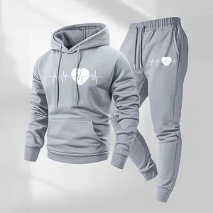 Men's Heartbeat Print Hoodie and Drawstring Track Pants Set, with Pockets, Casual Sportswear, Long-Sleeved Hoodie and Jogging Pants, Autumn/Winter Sportswear, Suitable for Indoor and Outdoor Sports and Everyday Wear, Sports Set.