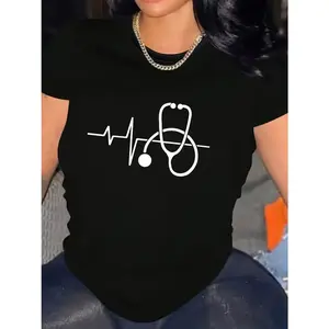 Stethoscope Pattern T-Shirt - Soft And Stretchy, Casual Crew Neck Short-Sleeve Top, Spring And Summer, Regular Fit, with ECG Print, Medium Stretch, Loose Fit, Placement Print