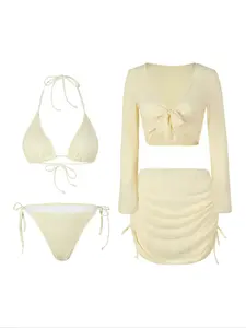 New European and American style sexy and charming, four-piece set, sun protection, quick-drying texture vacation swimsuit set Beach Bathing Suit