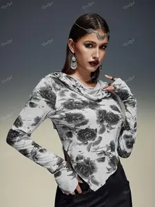 Rgothic Plus Size Distressed Floral Print Asymmetric Hooded Long Sleeves T-shirt Sweatshirt Womenswear parke mockneck sweatshirt essential hoodies hoodie sleeve kozy hoodie target women s clothes