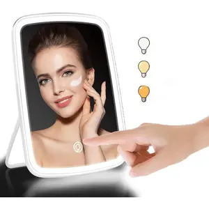 USB Rechargeable Vanity Desk Mirror with 3 Color Lights, Portable Adjustable Backlight LED-Accented Light-Emitting Luminous Handheld Makeup Mirror, Adjustable Handheld Mirrors, Backlight Handheld Mirrors