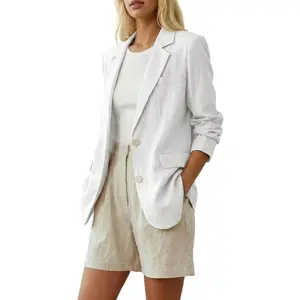 Mina Self 2026 Summer Women's Linen Blazer Jackets - Long Open-Front, Breathable, Full-Lined, Lightweight, Casual Work Pocket Suit Jacket