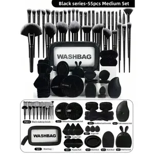 55PCS Makeup Tools: Waterproof Multi-Func Cosmetic Bag+3PCS Triangle/Air Cushion/Mini Puffs+Hairband+2PCS Bowl Straps+2PCS Cleansing Sponges+2PCS Brush Cleaners+Facial Ice Compress+Silicone Soft Hair Facial Tool