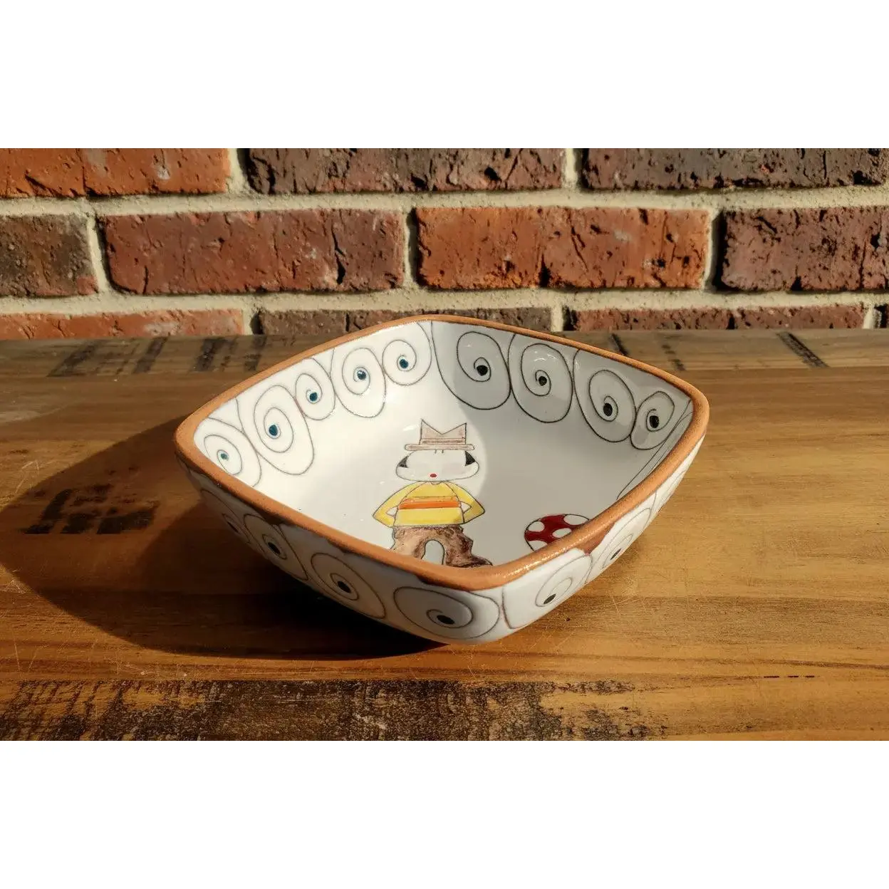 Hand-Engraved Rustic Fantasy Handmade Pottery Square Dessert Bowl - 5.75"x5.75", 14oz Ceramic Dish with Boy, Mushroom, Polka Dot, Yellow, Orange, Teal, Brown Naïve Art Designs, Collectible Tableware for Console Tables
