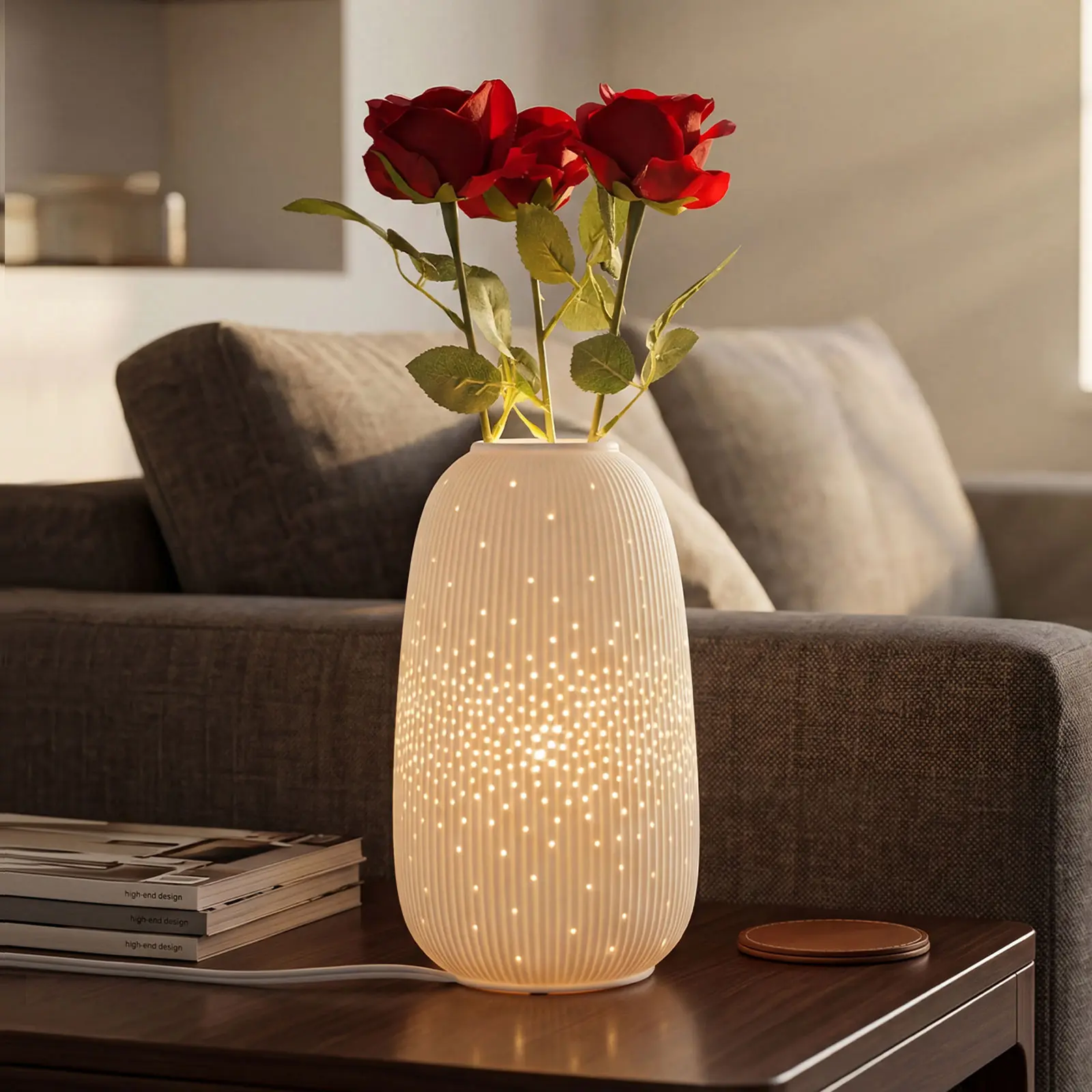 TACAHE Ceramic Vase Table Lamp, 2700K Bulb & 3 Artificial Flowers Included, E12 Socket, Inline Switch, Handmade Openwork Craft, Ambient Light for Living Room Bedroom - Starry 9.3"