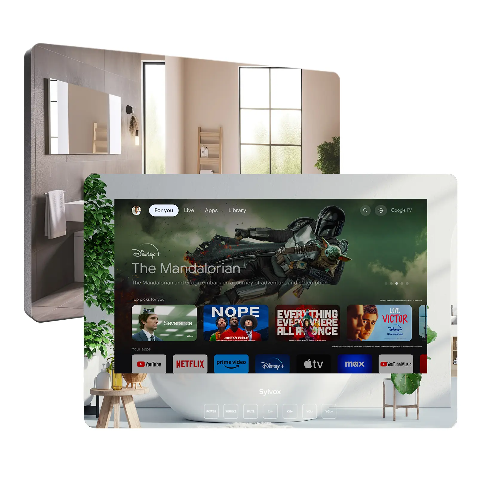 SYLVOX 32 inch Smart Bathroom TV, Newest Magic Mirror TV for Bathroom, Google System NTSC & ATSC Tuner, IP66 Waterproof TV, 1080P 500nits, Dual Front Speakers, Support WiFi Bluetooth (Wall Mount)