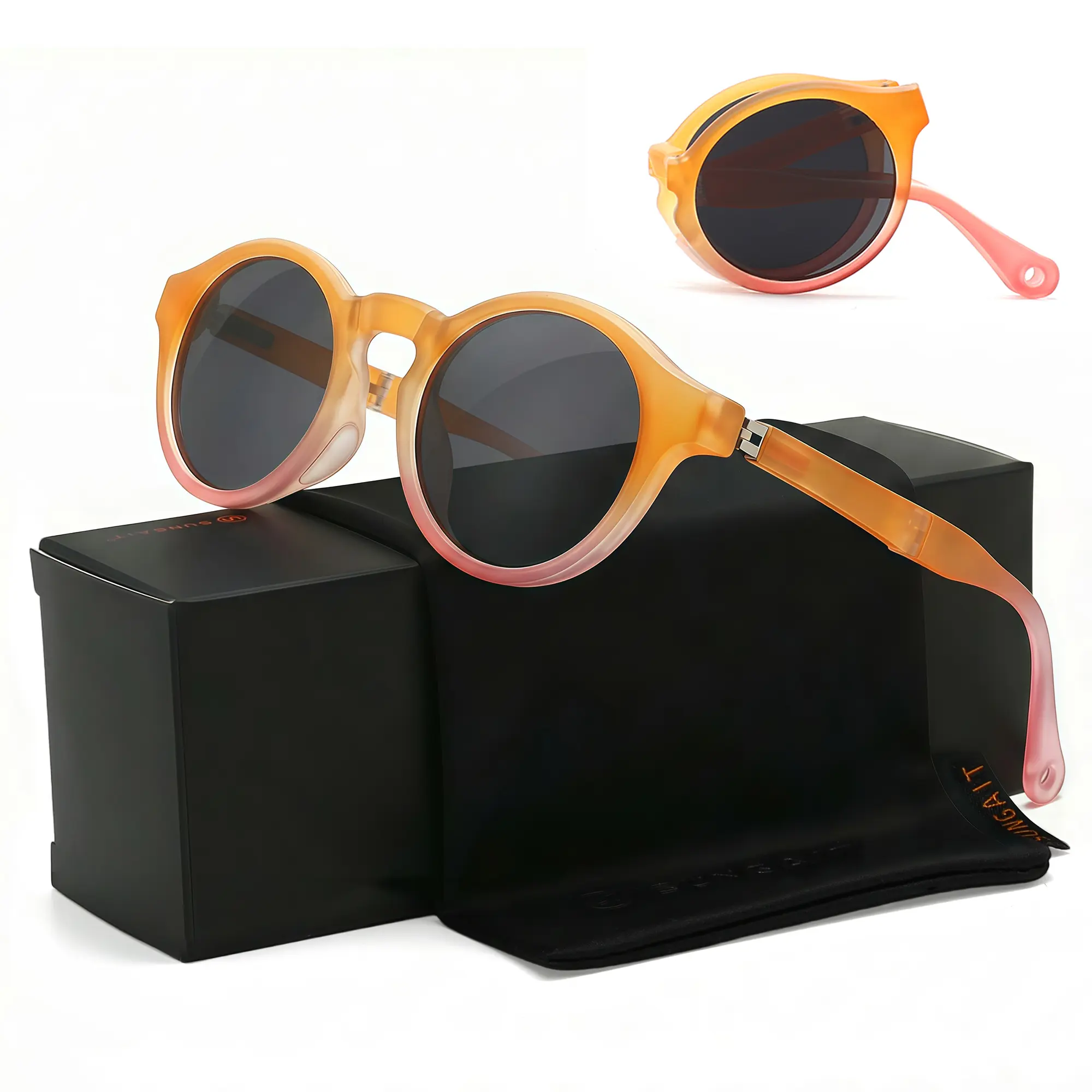 SUNGAIT Kids Foldable Retro Round Sunglasses - UV400 Protection, TAC Lenses, Cute Gradient Frame, Casual Portable Eyewear for 0-6 Years Old Boys & Girls (SGT688)
