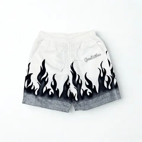 Men's Regular-Fit Vintage Flame Graphic Polyester Streetwear Shorts - Drawstring Closure, Black & White Design, Casual Summer Bottoms, Sizes M-XL