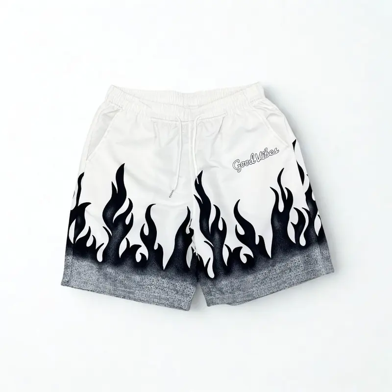 Men's Regular-Fit Vintage Flame Graphic Polyester Streetwear Shorts - Drawstring Closure, Black & White Design, Casual Summer Bottoms, Sizes M-XL