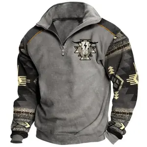 Aztec Cowboy Mens Hoodie Vintage Graphic Western Hoodies Casual Long Sleeve 1/4 Zip Pullover Mens Jacket Fabric Menswear Soft Clothing Medium