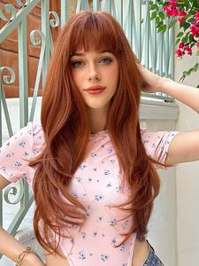 26 inch orange long curly wigs for women,  gorgeous fluffy wigs with bangs, synthetic full machine wigs for party, daily use