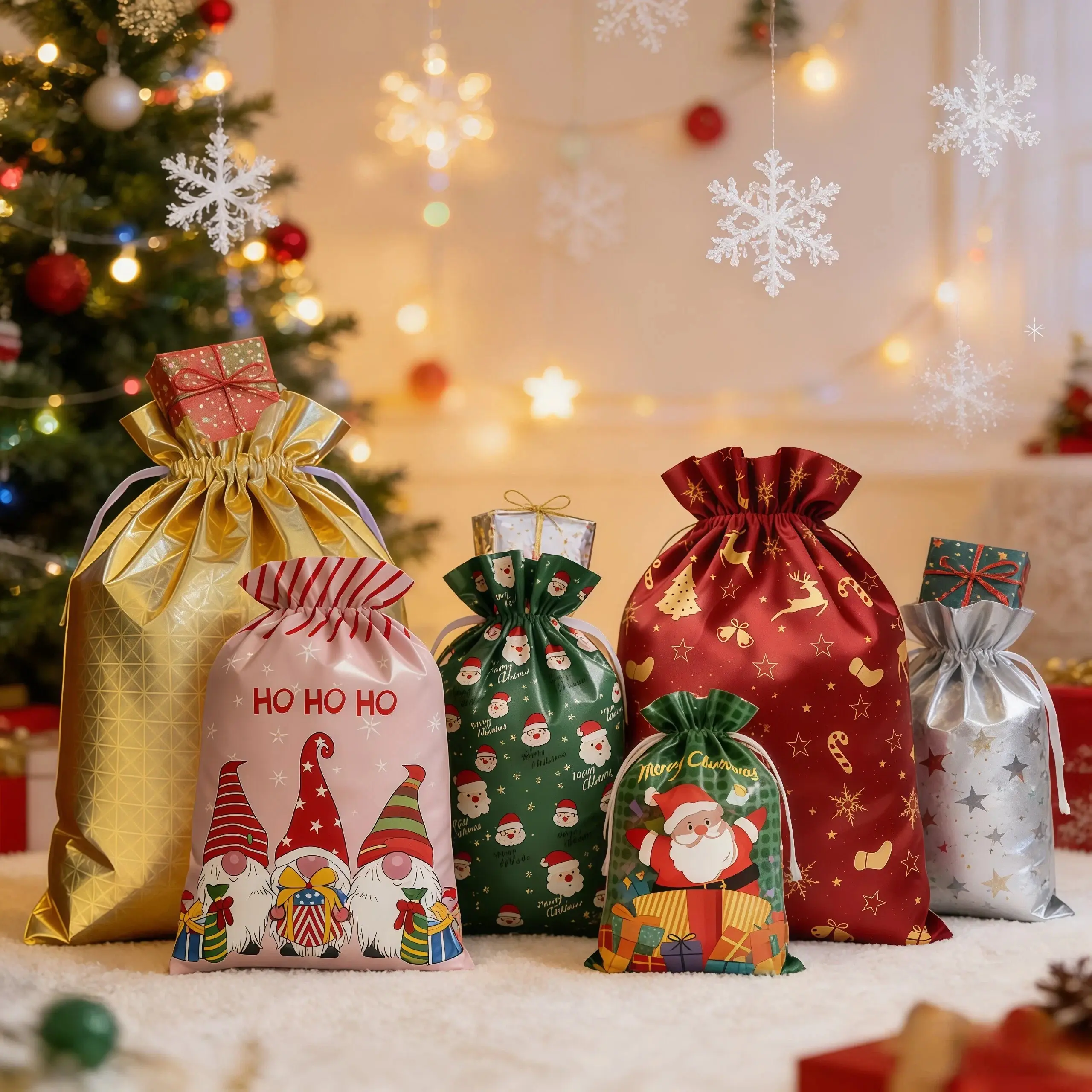 2026 New 54PCS Decorative Reusable Christmas Drawstring Bags Set - Assorted Sizes (Small, Medium, Large, Extra Large), 6 Foil Santa Styles with Ribbons, Lightweight Bulk Pouches for Holiday Gifting, Xmas Party Favors (Includes 18 Pcs Christmas Gift Bag)