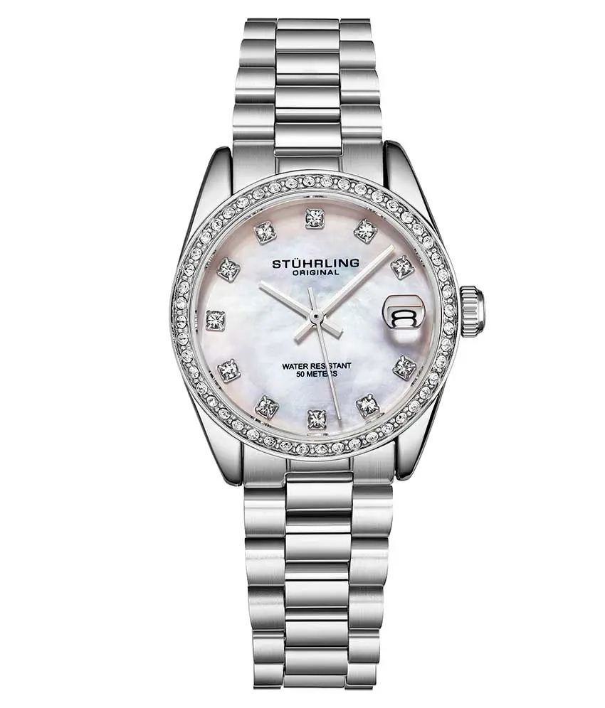 Lineage Women's Classical Ultra-Slim 31mm Round Silver Stainless Steel Bracelet Watch - Bling-Bling Rhinestone Bezel, Crystal Markers Quartz Watch, Analog Watch, Bling-Bling Rhinestone Quartz Watches