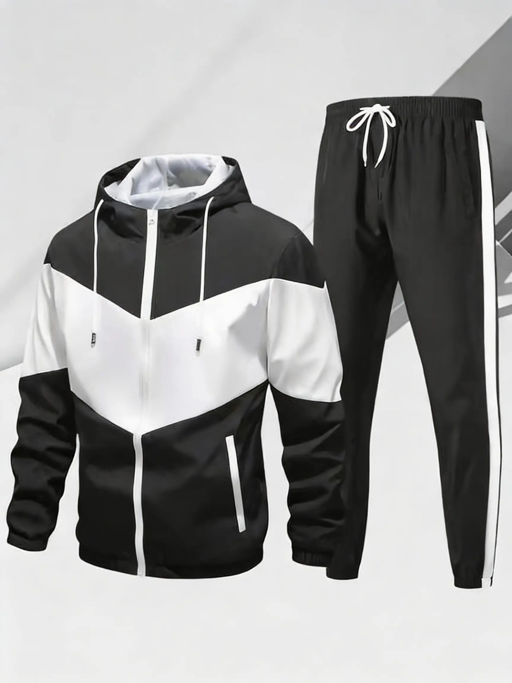 Multi-Color Men's Hooded Track Suit Set Full-Zip Closure V-Shaped Contrast Design Sportswear Green White