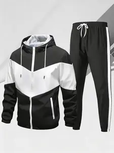 Multi-Color Men's Hooded Track Suit Set Full-Zip Closure V-Shaped Contrast Design Sportswear Green White
