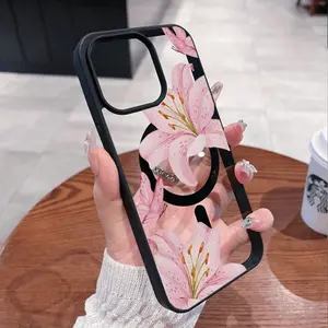 Pink Lilies Magnetic Cellphone Case for iPhone 17/16/15/14/13/12 Pro, Fashionable Pattern, Transparent Shockproof Ultra-Thin Casing, Classic Gift for Handheld Devices, Phone Accessories Protective Cover