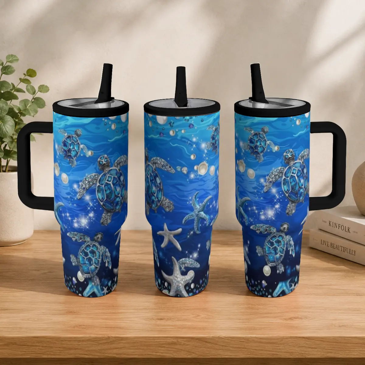 20oz Sturdy Insulated Stainless Steel Tumbler with Handle, Straw, Lid - Nautical Blue Jewel Sea Turtle Pearl Starfish Beach Drinkware, Women's Coffee Mug Gift for Turtle Lovers, Portable Cute Character Print