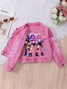 Girls' Slim-Fit Denim Jacket, Trendy Korean Idol Print, Comfortable Washable Fabric, Suitable for All Seasons, Casual Cute Outerwear, Ages 8 and Under