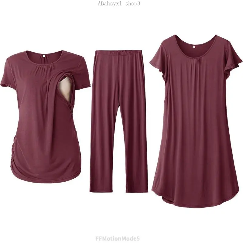 Women 3 PCS Maternity Nursing Nightgown Dress & Short Sleeve Breastfeeding Top & Pregnancy Pants Sleepwear SetFFMotionModeABahsyxl shop3