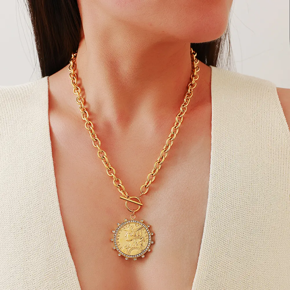 Women's Vintage Coin Shape OT Clasp Necklace - 18K Gold Plated Waterproof Stainless Steel Jewelry, Sparkly Zircon Heart Locket Pendant, Gold Aesthetic Retro Look, Jewelry Stack & Everyday Wear with Bling Effect, Ideal Gift