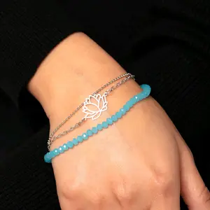 A LOTUS Like This Blue Bracelet with Lotus Flower Design and Beaded Chain - Jewelry Accessory