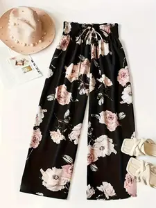 A women's black base pink flower wide leg Casual print pants, suitable for commuting to work, shopping and outdoor activities, indoor and outdoor dressing, Wide Legged Pants