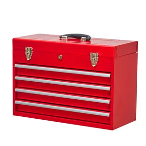 20.3 in Rust-Proof Portable 4-Drawer Metal Tool Box - Steel Tool Chest with Metal Cylinder Lock, Latch Closure, EVA Liners, Red Powder Coating, for Garage, Outdoor Repair Jobs