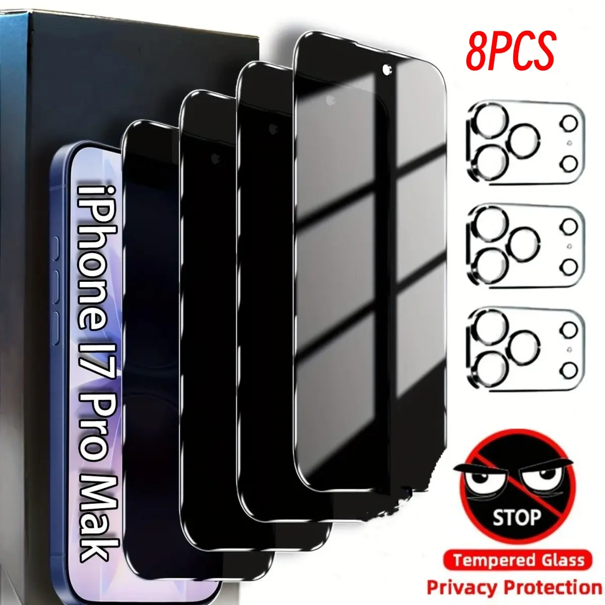 8-in-1 Privacy Screen Protector & Lens Cover Set for iPhone 13,14,15,16,16E,17 Pro Max - 5-Piece Anti-Peep Tempered Glass for Smartphone/Cellphone Handheld Devices, 3-Piece Safety Lens Protective Covers