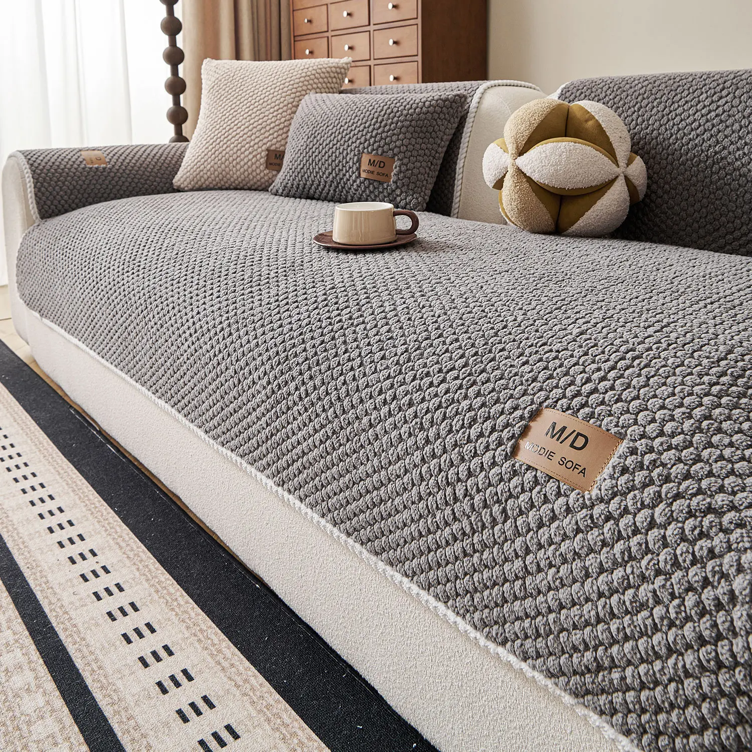 Jacquard Bubble Texture Sofa Cover 1-4 Seater, Solid Color Anti Slip Washable Pet Friendly Couch Protector Mat, Gift For Home Living Room Dorm Hotel, Gray, Beige, Off White