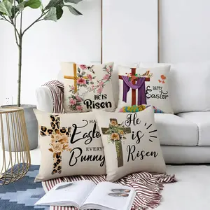 4pcs "HE IS Risen" Themed Pillow Covers, Multiple Specifications Available, Multicolor, Home Textile, Soft Fabric Cushion Cases with Wooden Cross, White Dove, Hummingbird & Pink Flowers Print, Ideal for Home Decoration, Living Room, Bedroom Styling