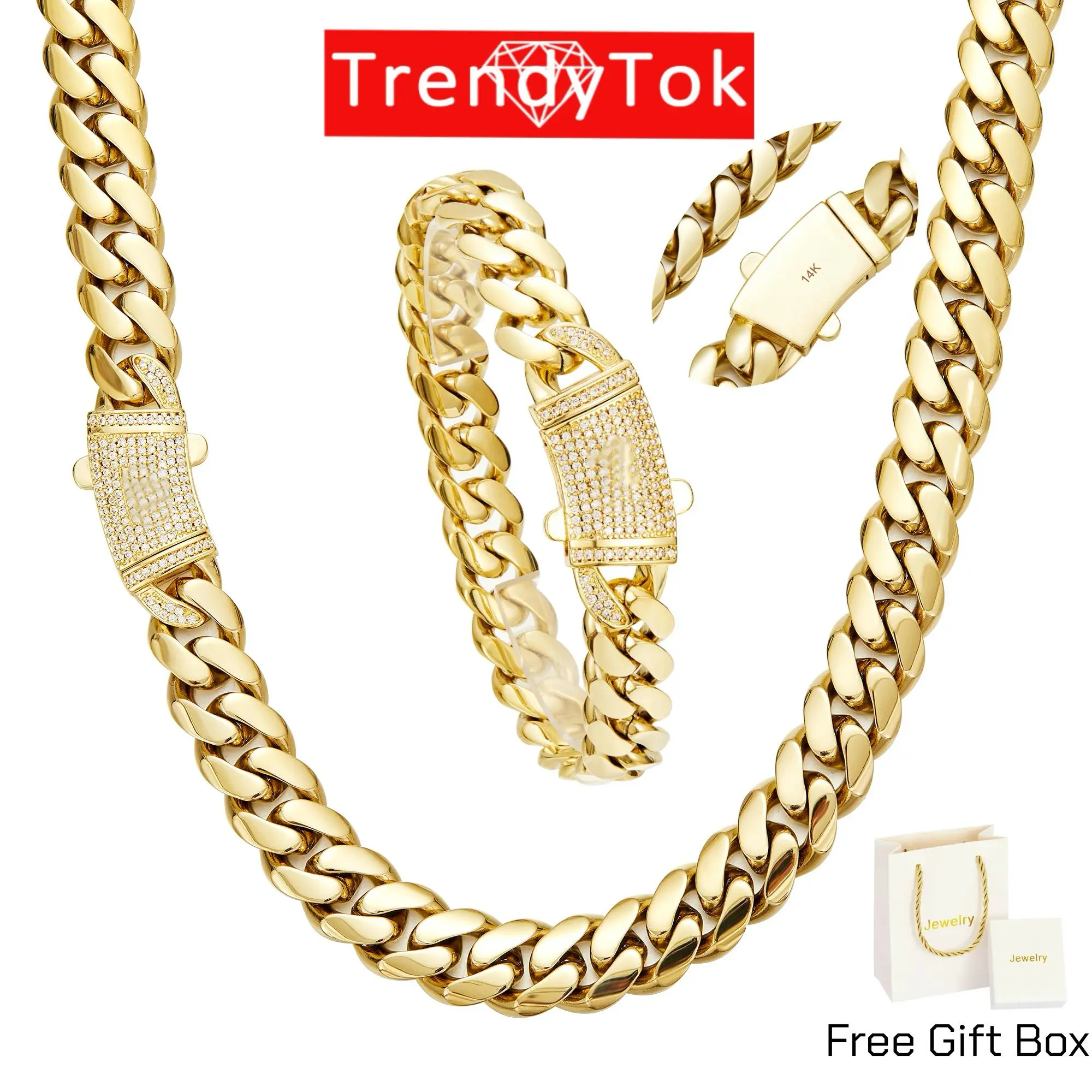 TrendyTok Jewelry Cuban Link Chain Set Necklace Bracelet 14K Gold Plated Anti Tarnish Waterproof No Fade 316L Stainless Steel Miami Hip Hop Jewelry Gift for Men Women with Gift Box mother's day gift for wife summervibes  mothers day gift ideas