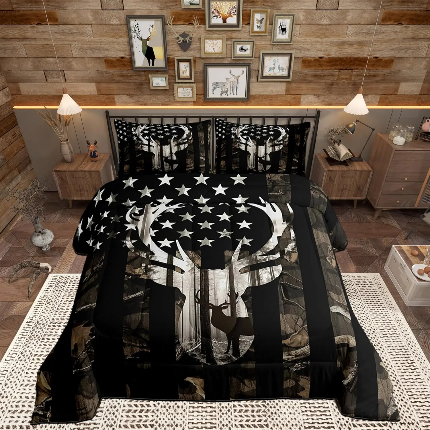 Camo American Flag Comforter Set,Deer Antlers Grey Camouflage Quilt Set Flags for Room,Wild Animal Hunting Rustic Farm Branches Leaves Plant Stars Stripes USA Flag Bedding Set