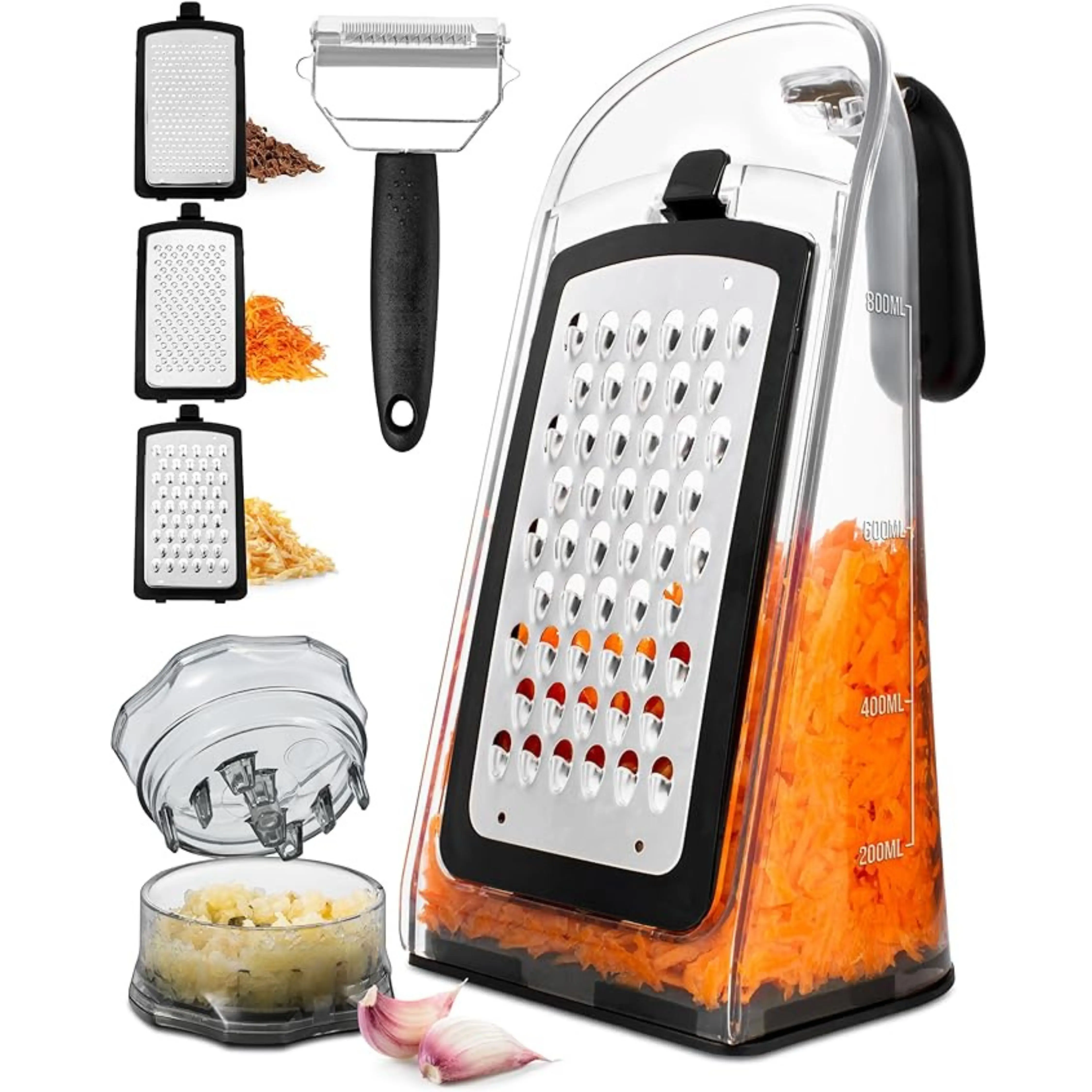Cheese Grater with Garlic Crusher – Stainless Steel Box Grater with Handle, Includes Vegetable Peeler, Food Shredder, and Garlic Mincer Tool