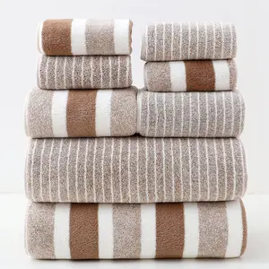 8/10 Piece Set Non-Shedding Ultra-Absorbent Hotel-Standard Striped Towels, Includes 2 Large Bath Towels and 4 Medium Size Towels, Shower Towels, Bathroom Premium Towel Set