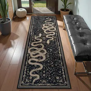 Vintage Mystical Snake Pattern European Curled Plant Floral Long Rug, Luxury Creative Art Design, Non-Slip Carpet