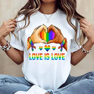 Rainbow Hands Heart Love Is Love Pride Print T Shirt White Casual Loose Fit For Everyday Wear And Outdoor Activities