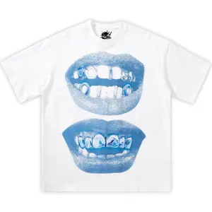 Double Blue Lips Grillz Boxy Cotton Tee Shirt Boxy Shirt Opium, y2k, fashion, streetwear, unisex, men, women, cotton, crew neck, y2k Father's Day