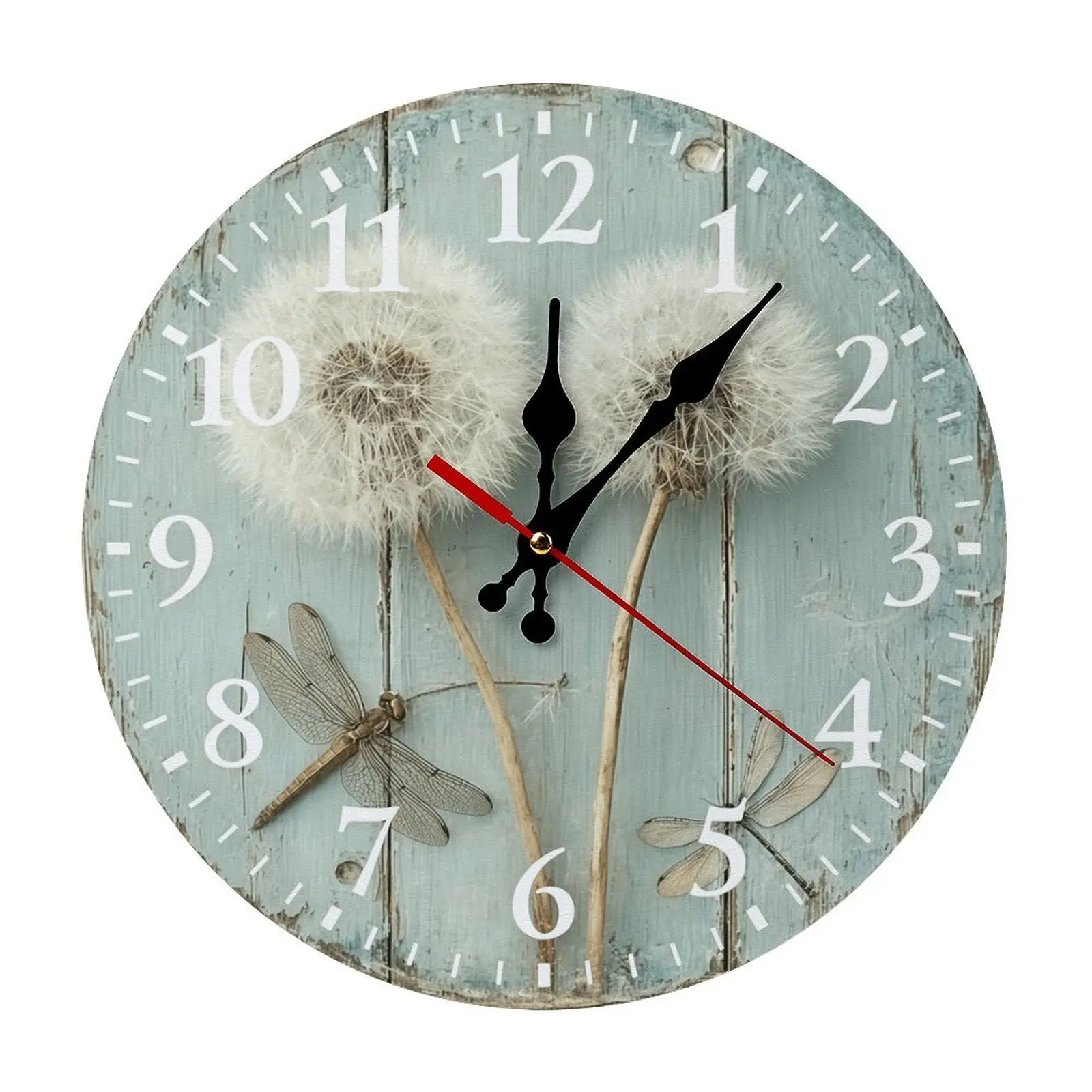 Vintage Round Rustic Blue Wooden Dandelion Dragonfly Wall Clock (10in-12in) - Silent Move, Durable, Easy to Install, DIY Assembly Required, Battery Not Included, Farmhouse Bedroom Decor, Daily Use for Decor Lovers, Room Decor, Easy Install