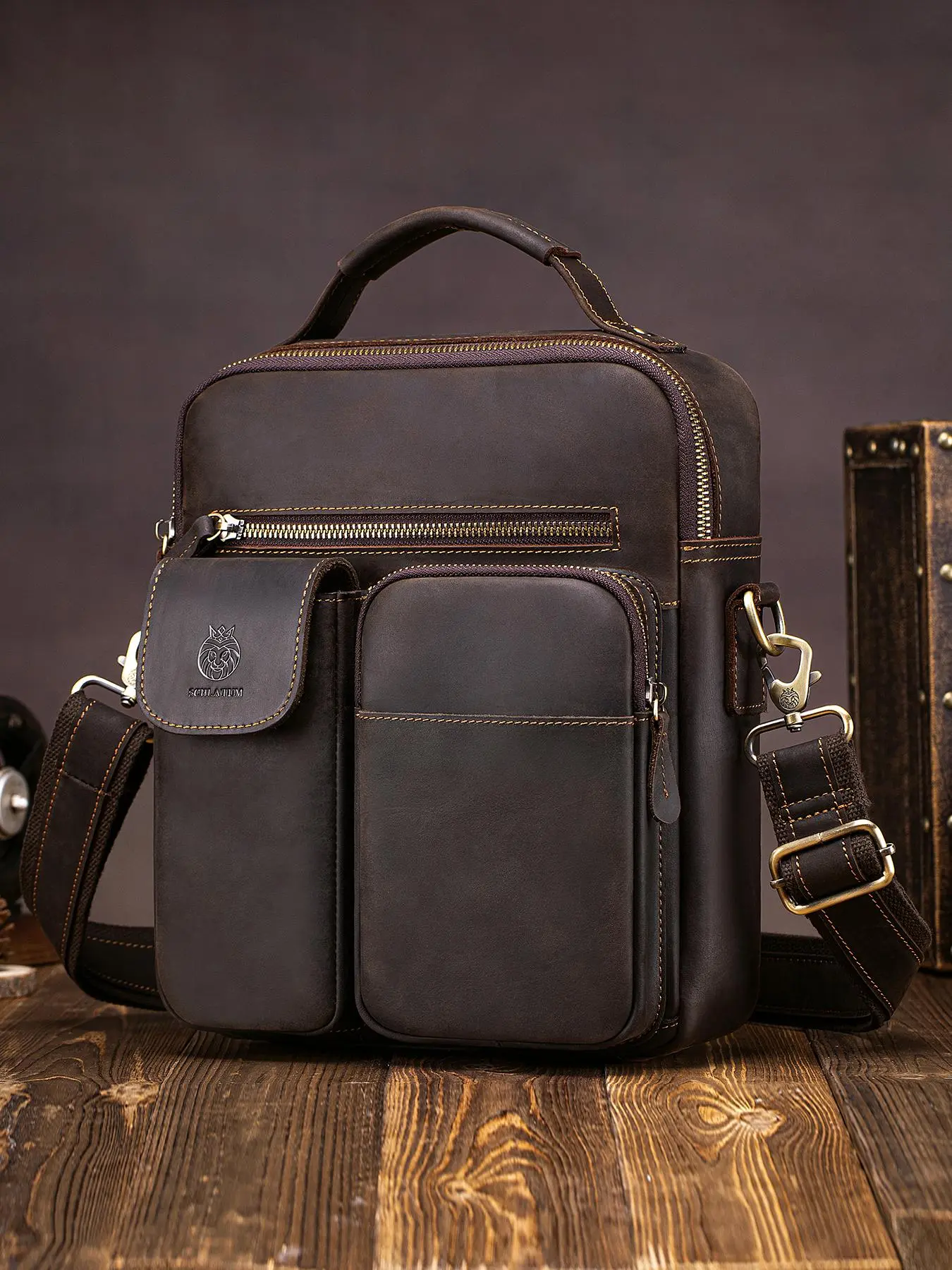 Men's Vintage Crazy Horse Style Multi-pocket Crossbody Bag, Casual Zipper Shoulder Bag for Daily Used, Retro Style Bag for Men, Leather Crossbody Messenger Bag, Leather Shoulder Bags, Multifunctional Crossbody Bag, Fashion Crossbody Bag
