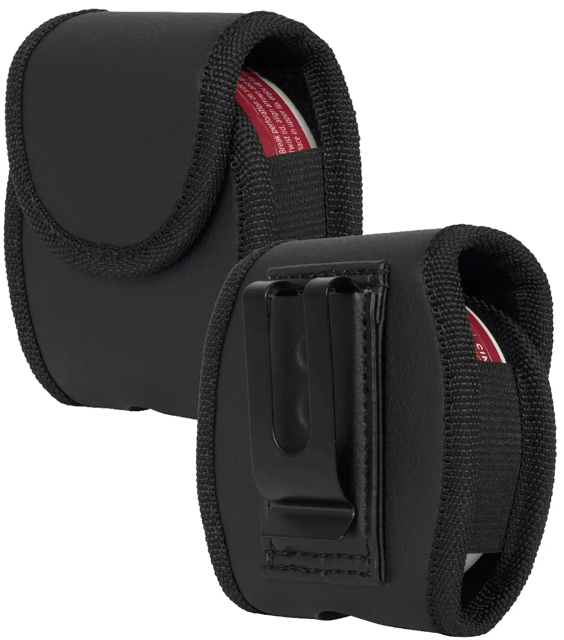 Universal Dip Can Snuff Pouch Holder, NCP Black Vegan Leather Case [with Belt Loop Harness, Metal Clip, Magnetic Closure] Compatible with ZYN, Copenhagen, Skoal, Kodiak, etc
