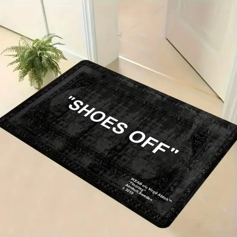 "Shoes Off" Statement Flannel Doormat, Bold Black & White Text with Distressed Print, Non-Slip Indoor Welcome Mat, Decorative Home Decor, Entryway Rug