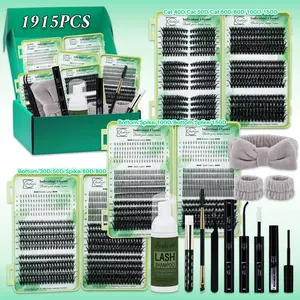 1915 PCS eyelash extensions Lash Cluster Kit, Diy Eyelash Clusters D Curl 11 Styles Volume/Spikes Lashes Book Kit with Bond&Seal Lash Remover Brush Lash Applicator Headband Wristband set and Lash Shampoo&Brush, for Beginners&Proficient, DIY at Home