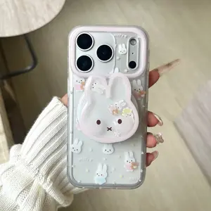 Matte Magnetic Miffy Rabbit Head Case + Stand, for iPhone 17 Pro Max, 16 Pro Max, 15 Pro Max, 14 Pro, 13 Pro, Fashion Women Protective Phone Case, Accessories