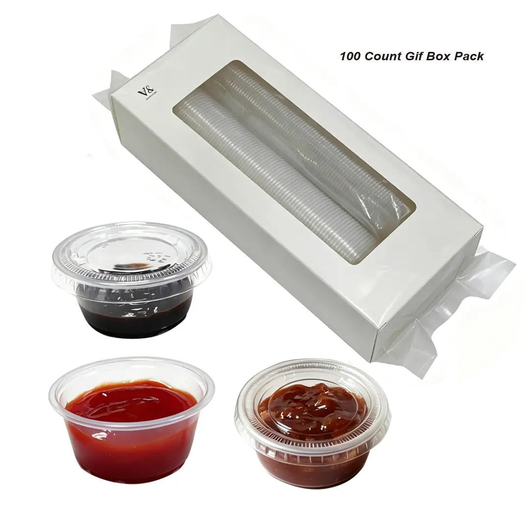 2oz Mini Clear Plastic Disposable Portion Sauce Cups With Lids, To-Go Condiment Containers for Salad Dressing & Sauces, BPA Free Leak proof Bulk 100 Count Gift Box Pack for Restaurant, Food Truck, Takeout Shop, Catering, Home Party and Jello Shots