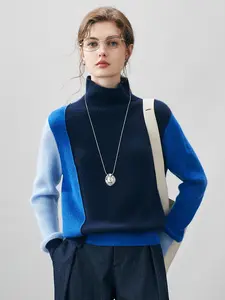 COMOBOCA 100% Cashmere Women's Color Block Turtleneck Sweater for Cozy Winter Wear - Soft, Lightweight & Figure-Flattering Design